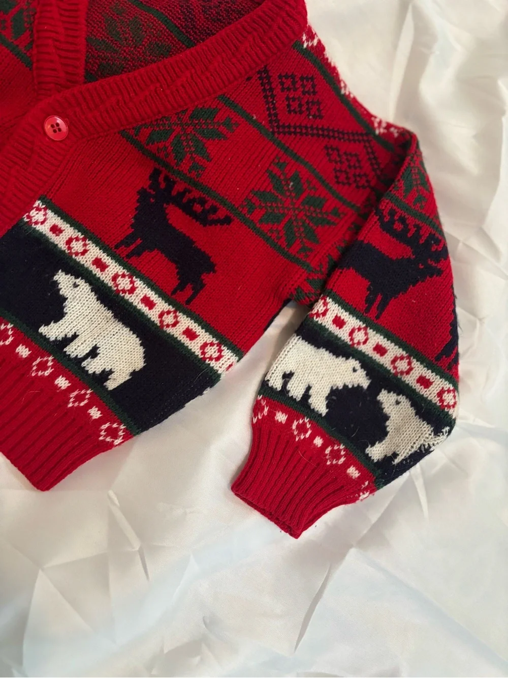 Vintage okie dokie Red and Navy Holiday Knit Cardigan with Animal Motif 3t boy